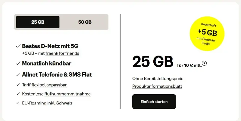 🔥 fraenk: Telekom 5G Allnet-Flat mit 25GB nur 10€ mtl. oder 50GB für 15€ mtl.