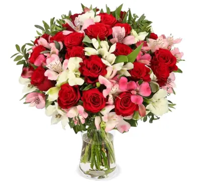 💐 Liebesgruß mit roten Rosen u. Inkalilien bis 40 Blüten für 28,68€