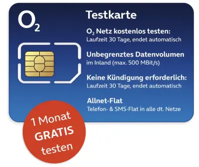 GRATIS! 🔥 o2 Testkarte UNLIMITED 5G/LTE inkl. O2 TV L + Allnet (30 Tage) + Selbstkündigend