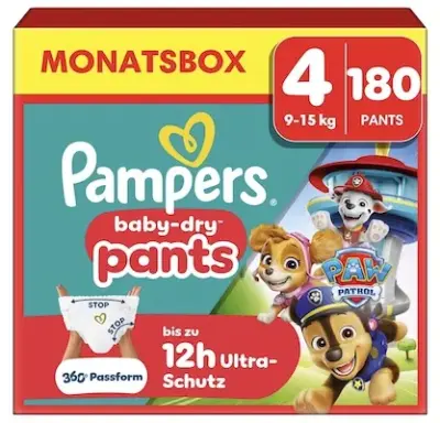 👶 180er Pack Pampers Paw Patrol Pants Größe 4 (9-15kg) ab 34,50€ (statt 55€)