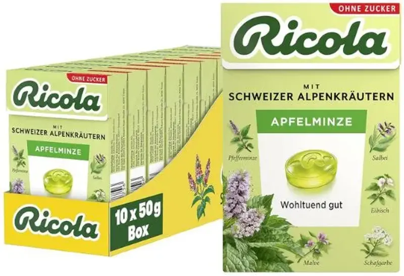 🍏 10er Pack Ricola Apfelminze Kräuter-Bonbons, 50g Box ab 14,24€ (statt 20€)