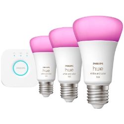Philips Hue E27 White und Color Ambiance Starter-Set (3 x E27 Lampen, Hue Bridge) für 79€ (Vergleich: 123,98€)