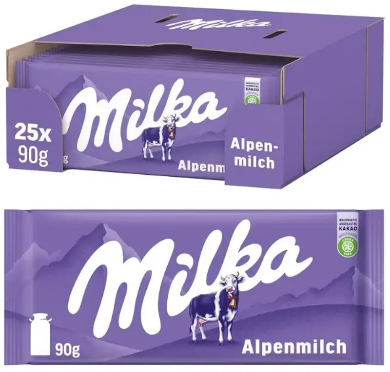 2,3kg! 🍫 25x Milka Alpenmilch Schokolade 90g ab 23,83€ (statt 50€) 🧨 95 Cent pro Schoko