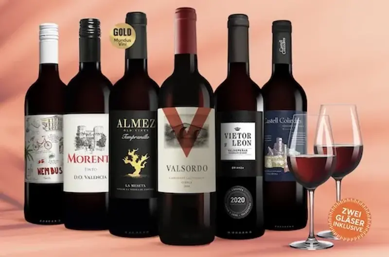 🍷 Vinos Tinto Paket: 6 Flaschen Rotwein + 2 Gläser für nur 25,99€ (statt 53€)