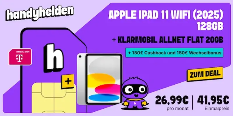 🍏 Apple iPad 11″ (2025, WiFi) für 45,90€ + Telekom Allnet 20GB für 26,99€ mtl. + 300€ Bonus