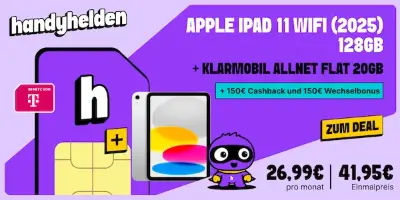 🍏 Apple iPad 11″ (2025, WiFi) für 45,90€ + Telekom Allnet 20GB für 26,99€ mtl. + 300€ Bonus