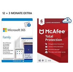 Microsoft 365 Family 15 Monate Abonnement | 6 Nutzer | Mehrere PCs/Macs inkl. McAfee Total Protection oder Norton für 54,99€