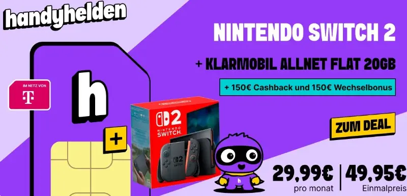 ‼️ 2,61€ eff. mtl. 🎮 Nintendo Switch 2 für 49,95€ + Telekom 20GB für 29€ mtl + 300€ Bonus