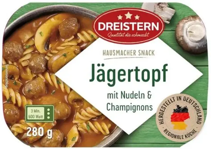 🍛 4x Dreistern Jägertopf mit Champignons & Nudeln, 280g ab 7,16€ (statt 10€)