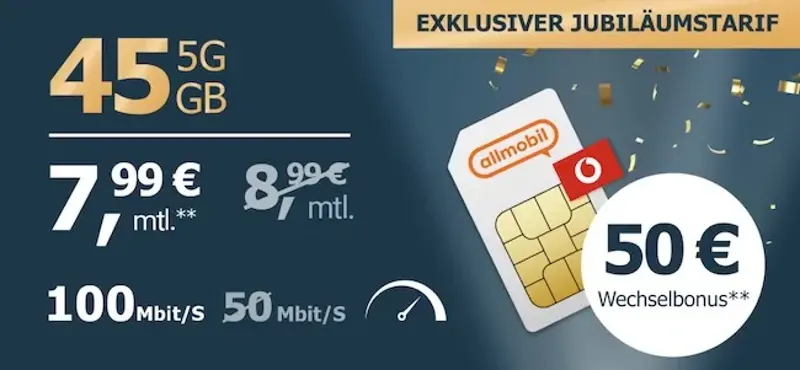 📱 Vodafone Allnet 45GB 5G für eff. 5,91€ mtl. – 💰 dank 50€ Bonus