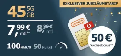 📱 Vodafone Allnet 45GB 5G für eff. 5,91€ mtl. – 💰 dank 50€ Bonus