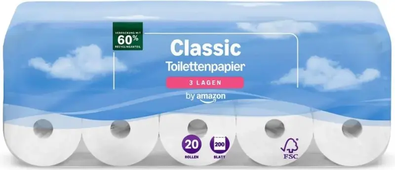 🧻 20 Rollen by Amazon Classic Toilettenpapier, 3-lagig ab 6,45€ (statt 9€) – 0,32€ pro Rolle