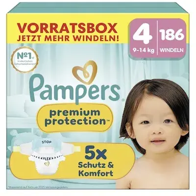 👼🏻 186x Pampers Premium Protection Größe 4 (9kg-14kg) ab 33,33€ (statt 58€)