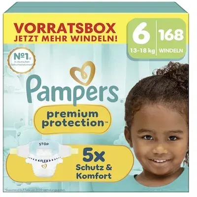 👨‍🍼 168x Pampers Premium Protection Windeln in Größe 6 (13kg-18kg) ab 47,56€ (statt 70€)