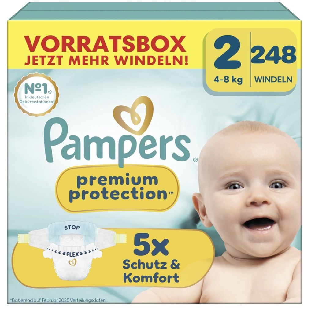 👶 248x Pampers Premium Protection Windeln in Größe 2 (4kg-8kg) für 31,71€ (statt 55€)