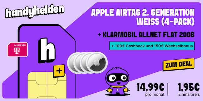 🔥 KRASS 🍏 4x Apple AirTag (2. Gen) + Telekom Allnet 20GB nur 14,99€ mtl. + 250€ Bonus 👀