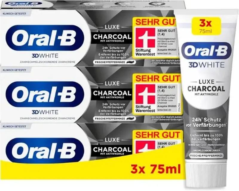 🦷 3er Pack Oral-B 3D White Luxe Charcoal Whitening Zahnpasta ab 7,59€ (statt 12€)
