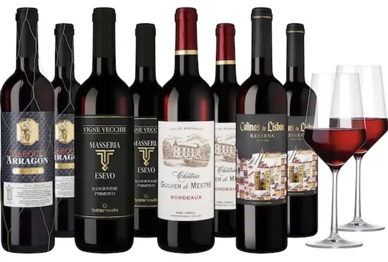 🍷 8er Weinpaket goldprämierte Rotweine + 2 Zwiesel Gläser für 39,90€