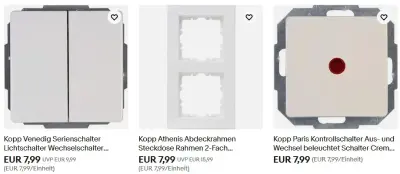 💡⚡ 5 Kopp Artikel zum Preis von 9,59€ z.B. Antennensteckdose, Lichtschalter, Abdeckrahmen uvm
