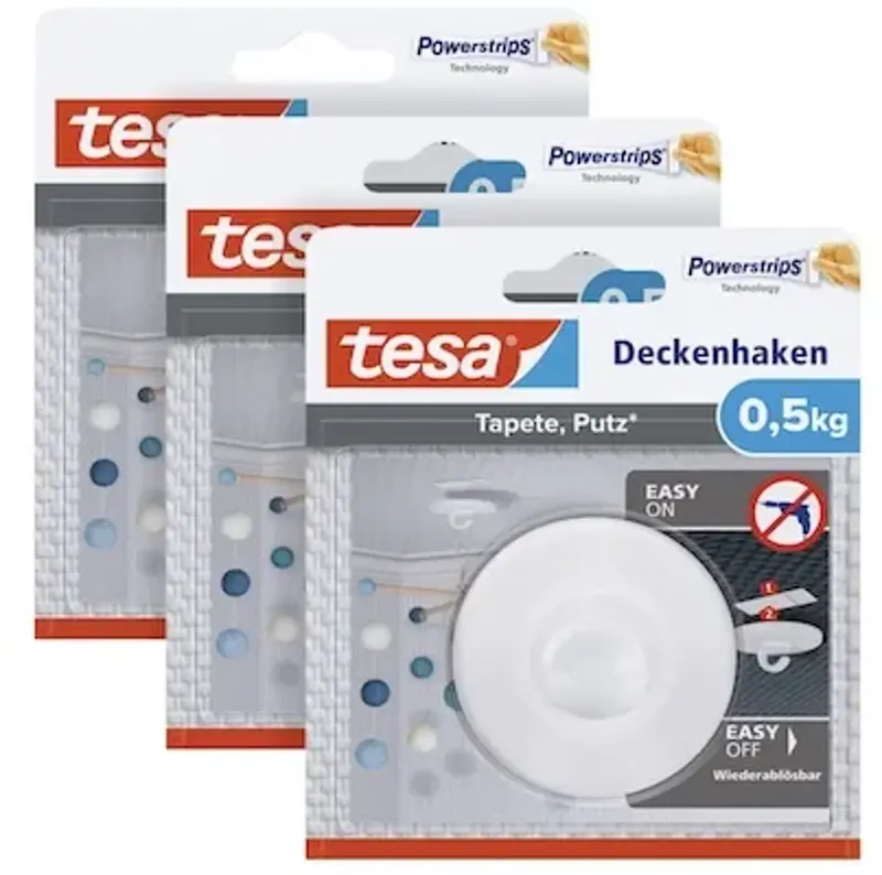 🪝 3er Pack tesa Deckenhaken für Tapeten & Putz inkl. Powerstrips für 9,68€ (statt 18€)