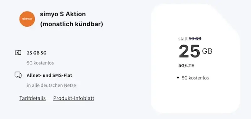 🧨 3 Monate simyo Allnet-Flat mit 25GB komplett GRATIS ➡️ danach bei Bedarf 6,99€ mtl.