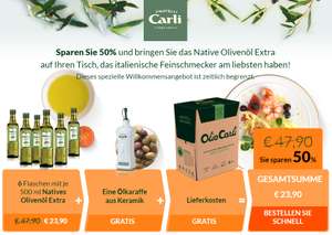 Olio Carli: 6 Flaschen Natives Olivenöl Extra je 500ml + Ölkaraffe aus Keramik inkl. Versandkosten