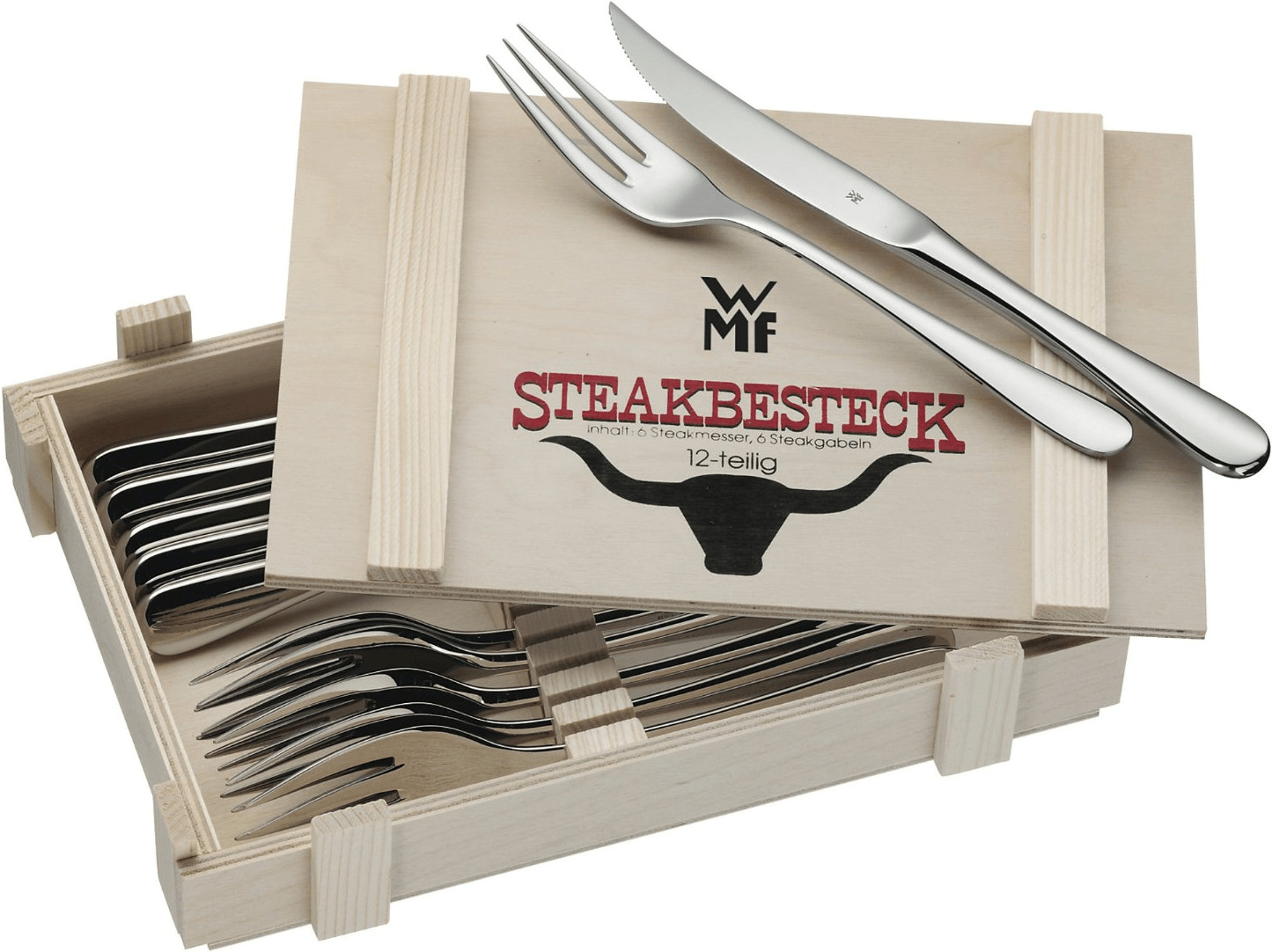 12-teiliges WMF Steakbesteck mit Holzkiste für 22,99€ (Vergleich: 26,94€)