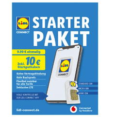 Lidl Connect Prepaid SIM Karte Starter Paket (Vodafone Netz) mit 10€ Guthaben für 2,99€