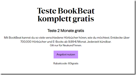BookBeat 2 Monate gratis (Hörbucher)