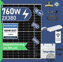 Balkonkraftwerk mit 2 x 380 Watt Modulen, Hoymiles Wechselrichter und Zubehör für 359,10€