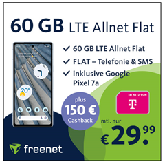 Google Pixel 7a für 99€ mit 60GB Telekom Allnet Flat für 29,99€ plus 150€ Cashback und 100€ Rufnummermitnahme
