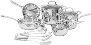 Amazon Basics Kochgeschirr-Set, Edelstahl, 15-teilig, Töpfe, Pfannen und Kochutensilien für 81,03€