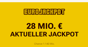 2 Felder für 1€ oder 3 Felder EuroJackpot für 3€ (anstatt 6,60€) für Neukunden – 28 Millionen im Jackpot