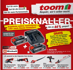 [Top] Toom: Einhell Solo Gerät kaufen + Ladegerät plus 2 mal 2,5Ah Akku gratis