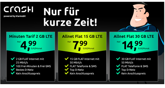 CrashTarife: 2GB mit 100 Freiminuten im Telekom Netz für 4,99€ oder 15GB im Vodafone mit Sprachflat & SMS für 7,99€