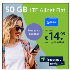 50GB LTE mit SMS und Sprachflat im o2 Netz für 14,99€/Monat – monatlich kündbar & keine Anschlussgebühr