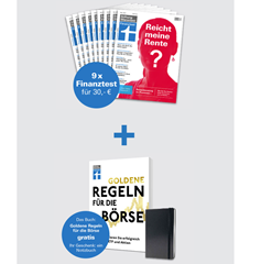9 Ausgaben Finanztest (Vergleich: 55,50€) + “Goldene Regeln für die Börse” + Notizbuch für 30€