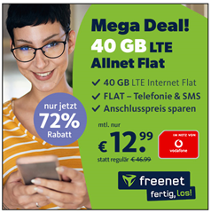 40GB LTE Daten mit SMS und Sprachflat im Vodafone Netz für 12,99€ im Monat