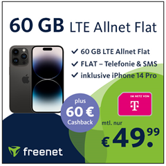 iPhone 14 Pro für 34,99€ mit 60GB LTE Daten, SMS und Sprachflat im Telekom Netz für 49,99€/Monat + 60€ Cashback