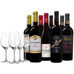 Die Weinbörse: Weinpaket mit acht Flaschen Rotwein und 4 Gläsern für der beliebtesten Weine für 58,94€ (Sonst: 78,94€)