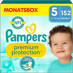 Pampers Baby Windeln Größe 5 (11-16kg) Premium Protection, Junior, MONATSBOX, bester Komfort und Schutz für empfindliche Haut, 152 Stück für 39,59€