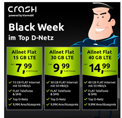 Crash Tarife Black Week: Monatspreis reduziert, Datenvolumen erhöht, so z.B. 15GB Daten im Vodafone Netz mit Allnet Flat für 7,99€/Monat