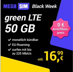 MegaSIM: 4 Tarife zur Black Week, so z.B. 50GB LTE Allnet Flat für 16,99€ im o2 Netz – monatlich kündbar + keine Anschlussgebühr