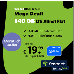 140GB LTE Daten, SMS und Sprachflat im o2 Netz für 19,99€/Monat – monatlich kündbar