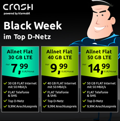 Crash Tarife Black Week: Mehr Datenvolumen, so z.B. 30GB Daten im Vodafone Netz mit Allnet Flat für 7,99€/Monat