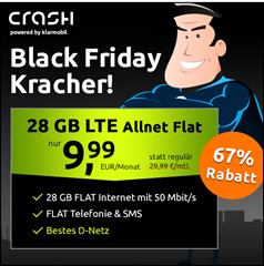 Crash Tarife: 28GB LTE (bis 50Mbit) mit SMS und Sprachflat im Telekom Netz für 9,99€/Monat