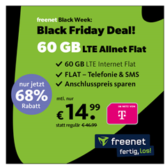 [Top] 60 GB LTE Datenvolumen (50 Mbit/s) Telekom-Netz mit Telefonie & SMS FLAT für 14,99€/Monat