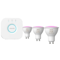 [endet morgen 9Uhr] PHILIPS Hue White & Col. Amb. GU10 Dreierpack inkl. Bridge Starter Set für 79€ (VG: 129,99€)