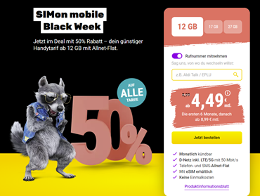 SIMon mobile: monatlich kündbarer Tarif im Vodafone Netz mit 12GB LTE/5G Daten, SMS und Sprachflat in den ersten 6 Monaten für 4,49€/Monat (danach 8,99€)