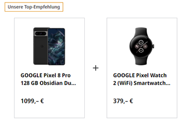 GOOGLE Pixel 8 Pro 128 GB + Google Pixel Watch 2 (Wifi) für zusammen 1.219€ (VG: 1.332,98€)